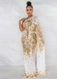 Frühlings-Frauen-elegante goldene Pailletten bestickte weiße schräge Schulter einzelne Hülsen-schieres Netz-Abendkleid