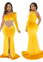 Spring Women Elegant Beaded Yellow Velvet Sheer Mesh Patch One Shoulder Long Sleeve Slit Formal Evening Dress