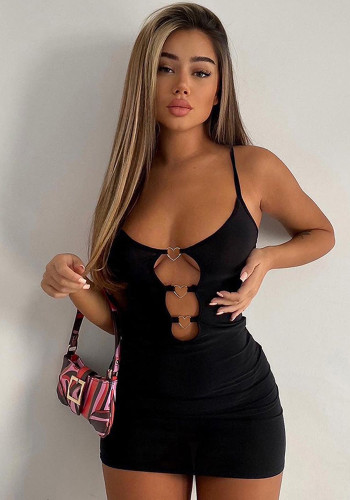 Summer Women Sexy Black Straps Ring Hollow Out Bodycon Mini Dress