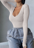 Frühling Frauen Sexy Weiß U-Ausschnitt Langarm Slim Fit Langarm Bodysuit
