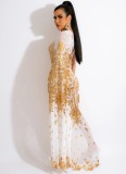 Frühlings-Frauen-elegante goldene Pailletten bestickte weiße schräge Schulter einzelne Hülsen-schieres Netz-Abendkleid