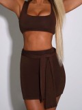 Summer Women Sporty Brown Crop Sleeveless Tank and Pencil Mini Skirt Two Piece Set with Belt