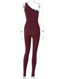 Summer Women Sexy Wine Red One Shoulder Sleeveless Cutout Slim Fit Sports Jogger Jumpsuit