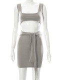 Summer Women Sporty Gray Crop Sleeveless Tank and Pencil Mini Skirt Two Piece Set with Belt
