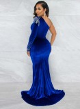 Spring Women Elegant Beaded Blue Velvet Sheer Mesh Patch One Shoulder Long Sleeve Slit Formal Evening Dress