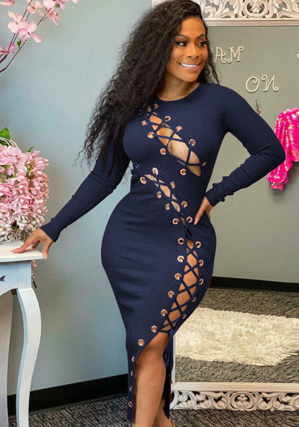 Spring Women Sexy Blue Lace-up Hollow Out Long Sleeve Slim Fit Midi Dress