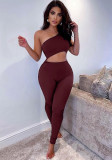 Summer Women Sexy Wine Red One Shoulder Sleeveless Cutout Slim Fit Sports Jogger Jumpsuit