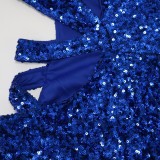 Sommer Frauen Sexy Blau Pailletten Eine Schulter Aushöhlen Ärmelloses Schlankes Nachtclubkleid