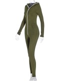 Spring Women Sporty Green Zipper Up Long Sleeve Pocket Fitted Jogger Jumpsuit