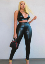 Verano Mujer Sexy Negro PU Cuero Cuello en V Crop Tank y Slim Fit Pantalones Conjunto de dos piezas
