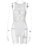 Summer Women Sexy White Mesh Patch O-neck Sleeveless Hollow Out Slim Fit Playsuit