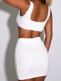 Summer Women Sporty White Crop Sleeveless Tank and Pencil Mini Skirt Two Piece Set with Belt