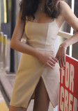 Sommer Frauen Sexy Khaki Straps Slim Slit Mini Club Dress