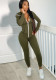 Spring Women Sporty Green Zipper Up Long Sleeve Pocket Fitted Jogger Jumpsuit