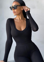 Spring Women Sexy Black U-neck Long Sleeve Slim Fit Long Sleeve Bodysuit
