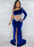 Spring Women Elegant Beaded Blue Velvet Sheer Mesh Patch One Shoulder Long Sleeve Slit Formal Evening Dress