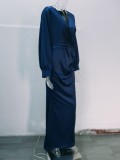 Frühling Frauen Elegantes Blaues Plunge V-Ausschnitt Langarm Slim Fit Meerjungfrau Abendkleid