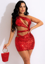 Summer Women Sexy Red Sequins One Shoulder Hollow Out Sleeveless Slim Night Club Dress