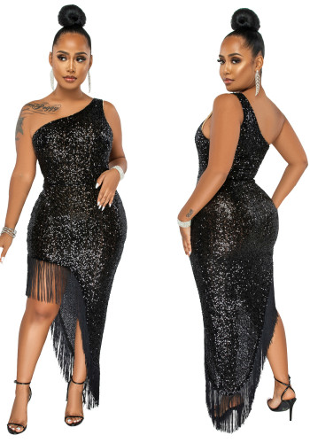 Vestido de festa de coquetel irregular feminino com lantejoulas pretas um ombro sem manga e franjas