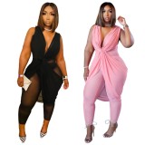 Sommer Plus Size Frauen Sexy Pink Sheer Mesh V-Ausschnitt ärmelloser geraffter Overall