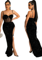 Summer Women Sexy Black Sequins Sheer Mesh Patch Straps Slit Cocktail Party Dress