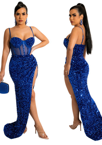 Summer Women Sexy Blue Sequins Sheer Mesh Patch Straps Slit Cocktail Party Dress