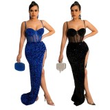 Summer Women Sexy Blue Sequins Sheer Mesh Patch Straps Slit Cocktail Party Dress