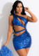 Summer Women Sexy Blue Sequins One Shoulder Hollow Out Sleeveless Slim Night Club Dress