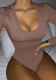 Spring Women Sexy Brown U-neck Long Sleeve Slim Fit Long Sleeve Bodysuit