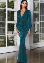 Spring Women Elegant Green Plunge V-neck Long Sleeve Slim Fit Mermaid Evening Dress