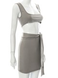 Summer Women Sporty Gray Crop Sleeveless Tank and Pencil Mini Skirt Two Piece Set with Belt