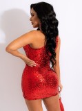 Summer Women Sexy Red Sequins One Shoulder Hollow Out Sleeveless Slim Night Club Dress