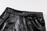 Sommer Frauen Sexy Schwarz PU Leder V-Ausschnitt Crop Tank und Slim Fit Hosen Zweiteiliges Set