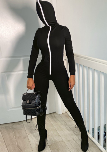 Macacão jogger feminino esportivo preto com zíper manga longa manga longa e bolso