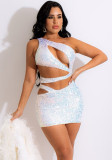 Summer Women Sexy White Sequins One Shoulder Hollow Out Sleeveless Slim Night Club Dress