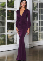 Spring Women Elegant Purple Plunge V-neck Long Sleeve Slim Fit Mermaid Evening Dress
