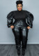 Spring Women Plus Size Black PU Leather Puff Sleeve O-neck Long Sleeve Top and Pants Wholesale Two Piece Sets