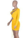 Frühling Sexy Gelb One Shoulder Langarm Minikleid mit Ausschnitt und Kordelzug