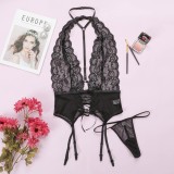 Sexy Valentine Black Hollow Out Lace Bodysuit And Panty Lingerie Set