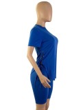 Summer Casual Blue Plain Round Neck Short Sleeve Slit Bandage Top And Shorts Wholesale Two Piece Short Set