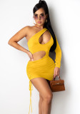 Frühling Sexy Gelb One Shoulder Langarm Minikleid mit Ausschnitt und Kordelzug