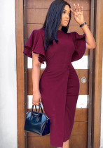 Autumn Professional Red Ruffle Sleeves Pencil Office Dress