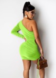 Spring Sexy Green One Shoulder Long Sleeve Cut Out Draw String Mini Dress