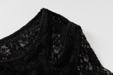 Spring Sexy Black Lace See Through Hollow Out One Shoulder Long Sleeve Crop Top And Pant Two Piece Set