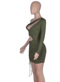 Frühling Sexy Olivgrün One Shoulder Langarm Minikleid mit Ausschnitt und Kordelzug