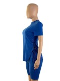 Summer Casual Blue Plain Round Neck Short Sleeve Slit Bandage Top And Shorts Wholesale Two Piece Short Set