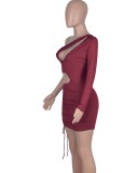 Printemps Sexy Vin Rouge Une Épaule À Manches Longues Découpes Mini-robe Corde