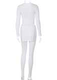 Spring Casual White Plain Round Neck Long Sleeve Slit Long Top And Pant Wholesale Two Piece Sets