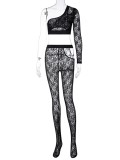 Spring Sexy Black Lace See Through Hollow Out One Shoulder Long Sleeve Crop Top And Pant Two Piece Set