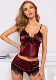 Summer Sexy Red Satin With Lace Vest And Shorts Pajama Lingerie Set